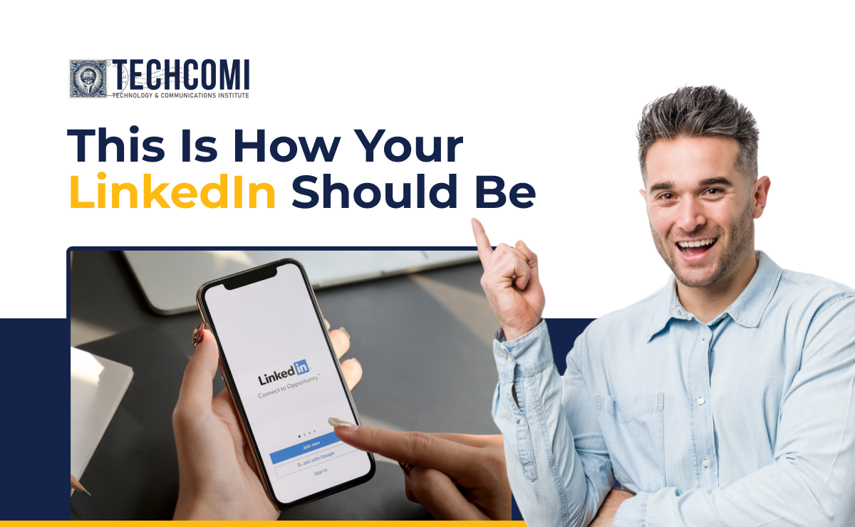 Man pointing at LinkedIn text