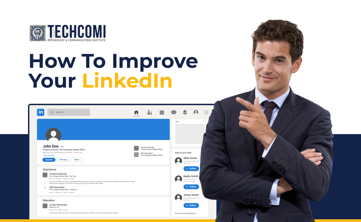 Professional man pointing to 'How To Improve Your LinkedIn' with a LinkedIn profile mockup.
